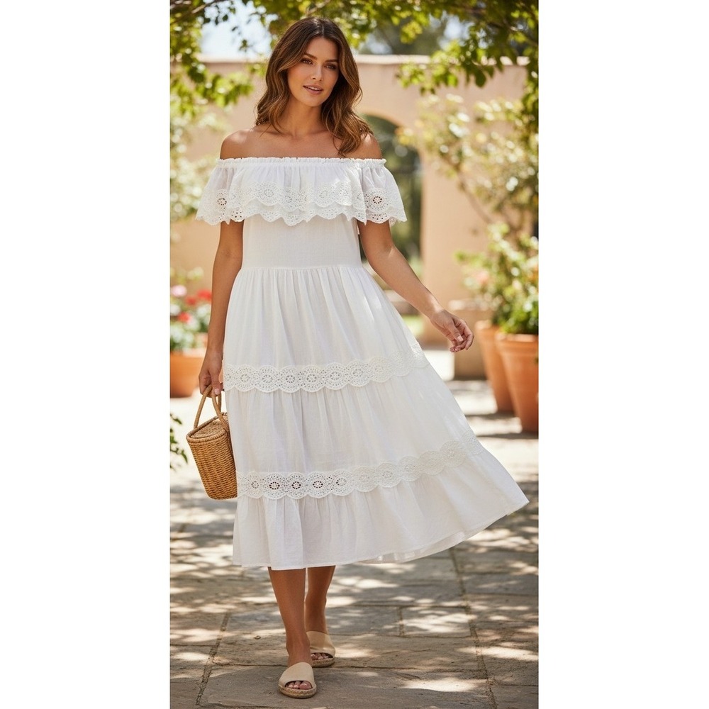 Xhilaration Womens XL White Off Shoulder Ruffle Lace Tiered Midi Dress NWT